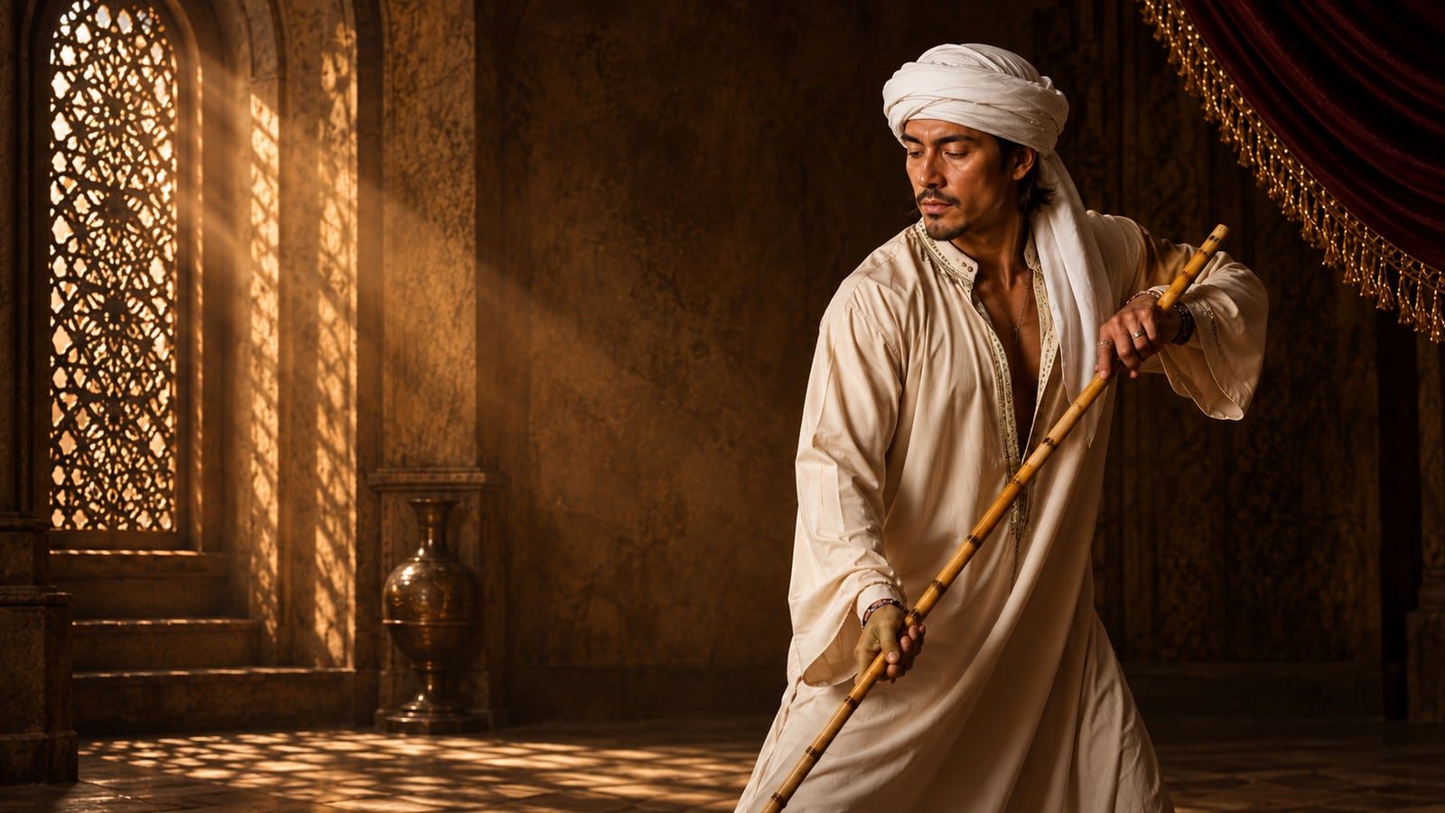 Oscar Flores dressed in white holding a cane in a warmly lit interior